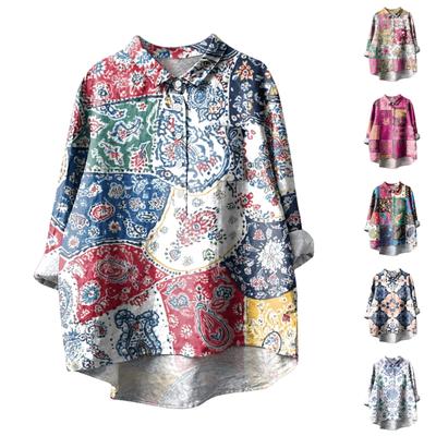 Women's Long Sleeve Shirt Button Vintage Floral Print Casual Hem Irregular Shirt Collar Top