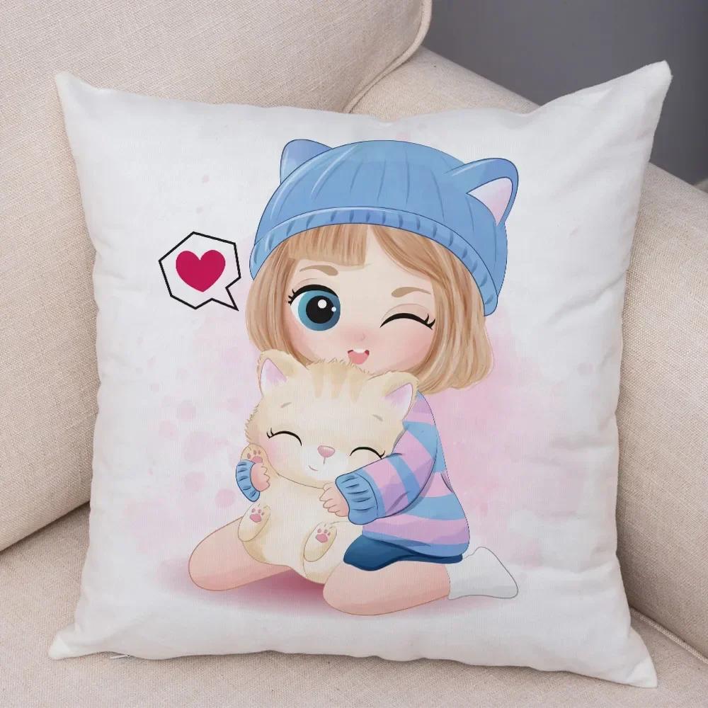 Cute Cartoon Girl and Cat Cushion Cover for Children Room Sofa Home Car Decor Lovely Child Pillow Case Plush Pillowcase 45x45cm