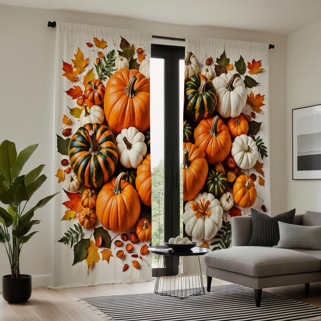 2 pieces HD blue plaid pumpkin maple leaf decorative curtain Yellow tie digital printed curtain Home decoration style decoration