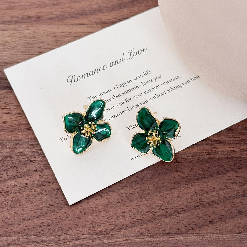 Green Enamel Oil Flower Drop Earrings for Women White Red Contrast Flowers Dangle Earrings Trendy Sweet Jewelry