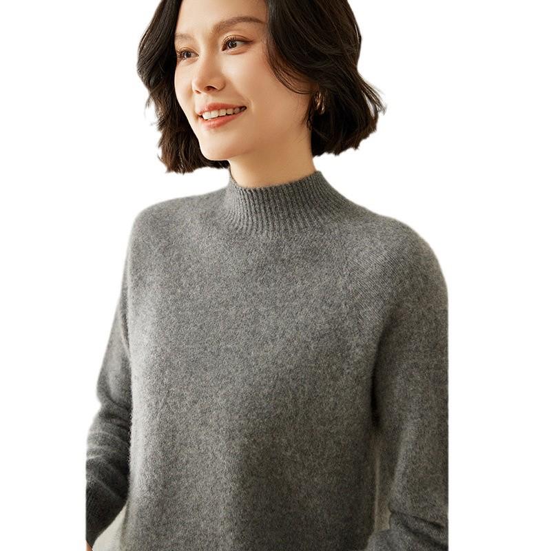 Women's Cashmere Raglan Sleeve Slim Fit Sweater - Half High Neck, Thickened, Solid Color, Versatile Knitted Top.