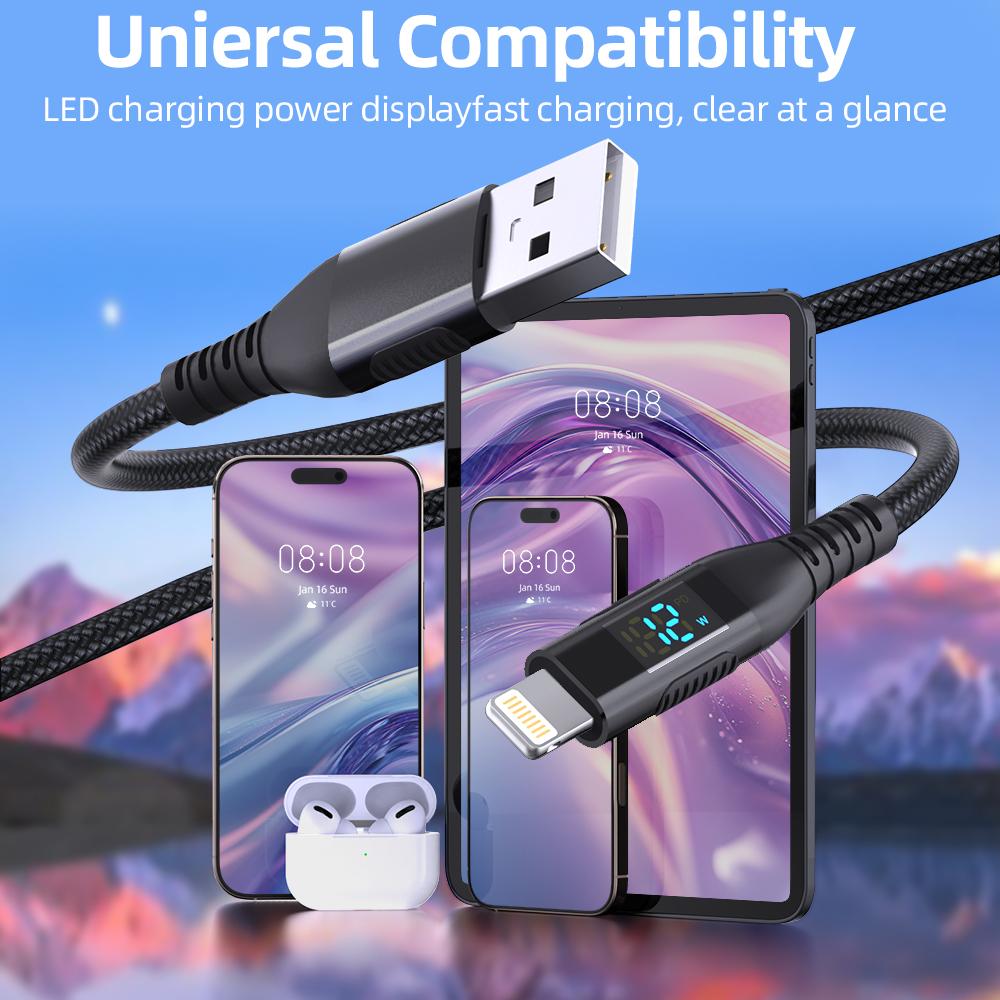 3m USB to Lightning Cable Digital Display 2.4A Nylon Braided Phone Fast Charging Cord