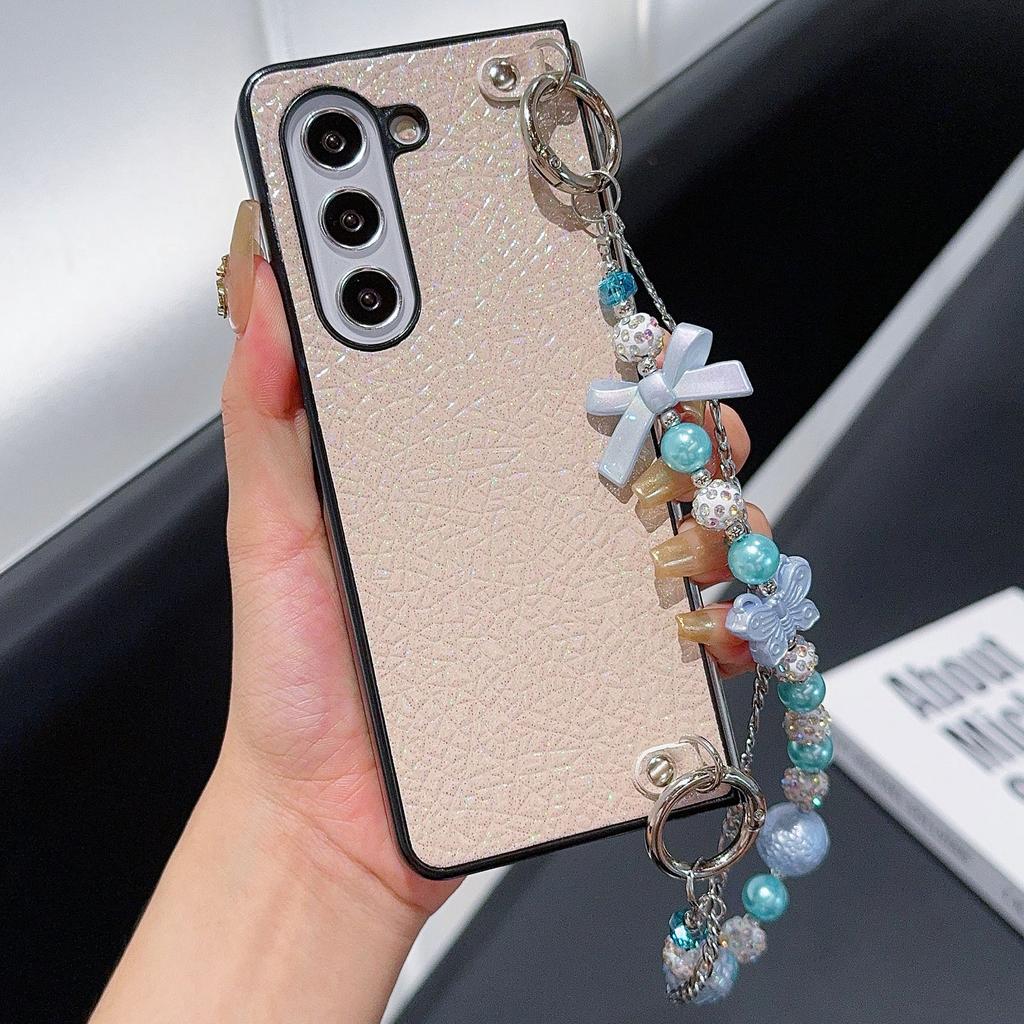 For Samsung Galaxy Z Fold6 5G Case Textured Glitter Leather+PC Phone Cover with Beaded Strap