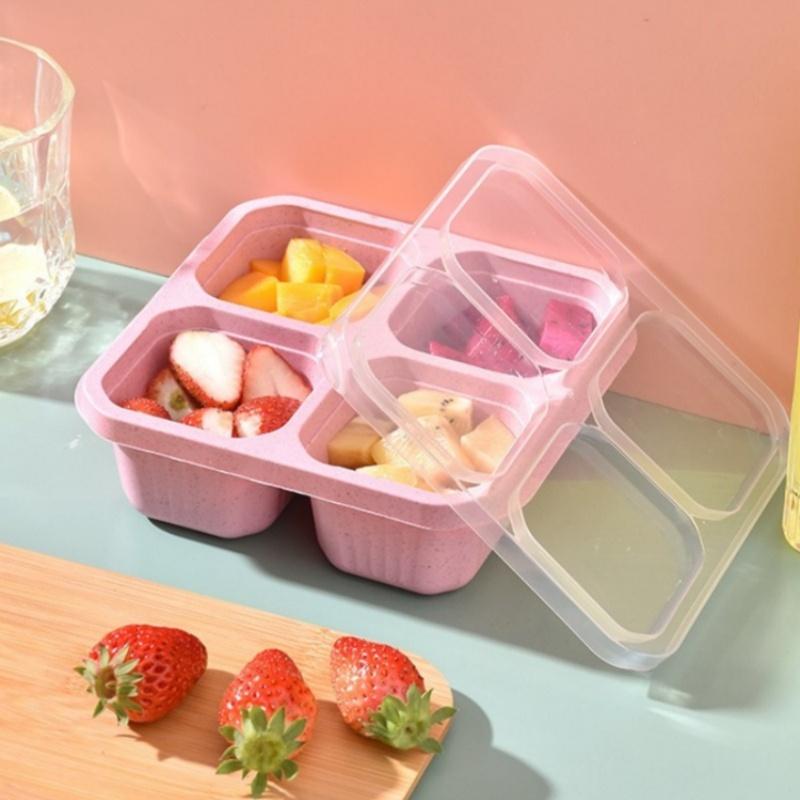 Square Divider Bento Box Reusable 4-compartment Food Container Snack Nuts With Lid Wheat Straw Lunch Box Kitchen Supplies