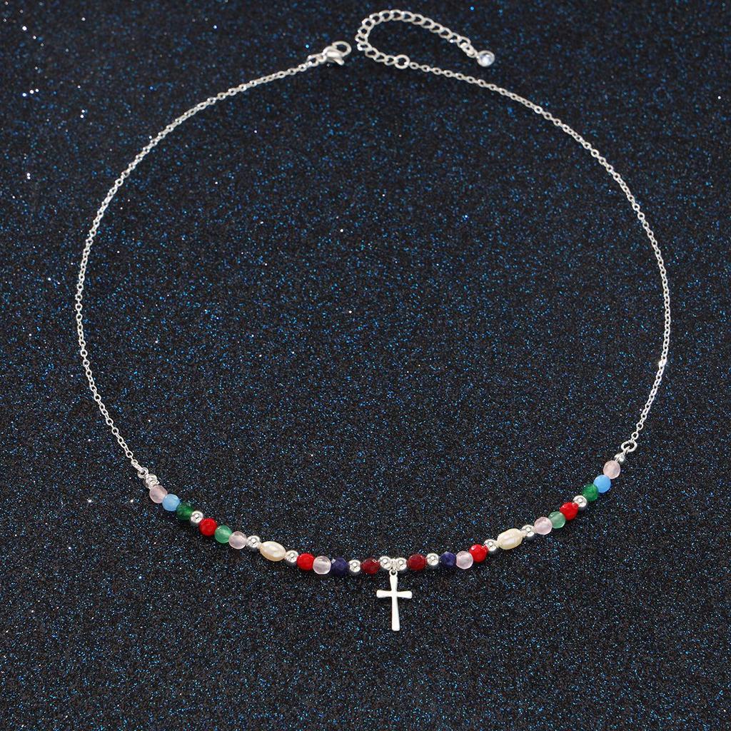 Europäische und Amerikanische Perlenkreuz Halskette Kreuz Anhänger Schlüsselbein Kette Einfacher Damenschmuck