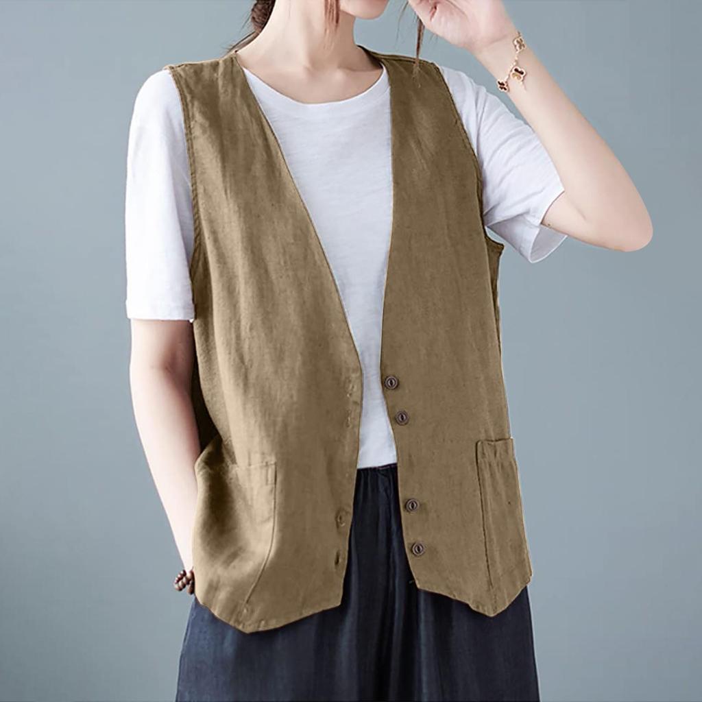 Women's Sleeveless Cotton Linen Vest Button Down V Neck Waistcoat Jacket