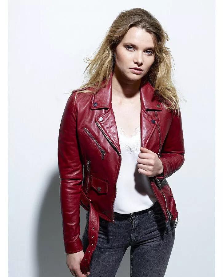 Dámská stylová vínová kožená bunda z měkké jehněčí kůže, motorkářská bunda