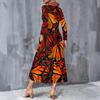 Women Plus Size V Neck Long Sleeve Blue Printed A Line Midi Dress With Pockets