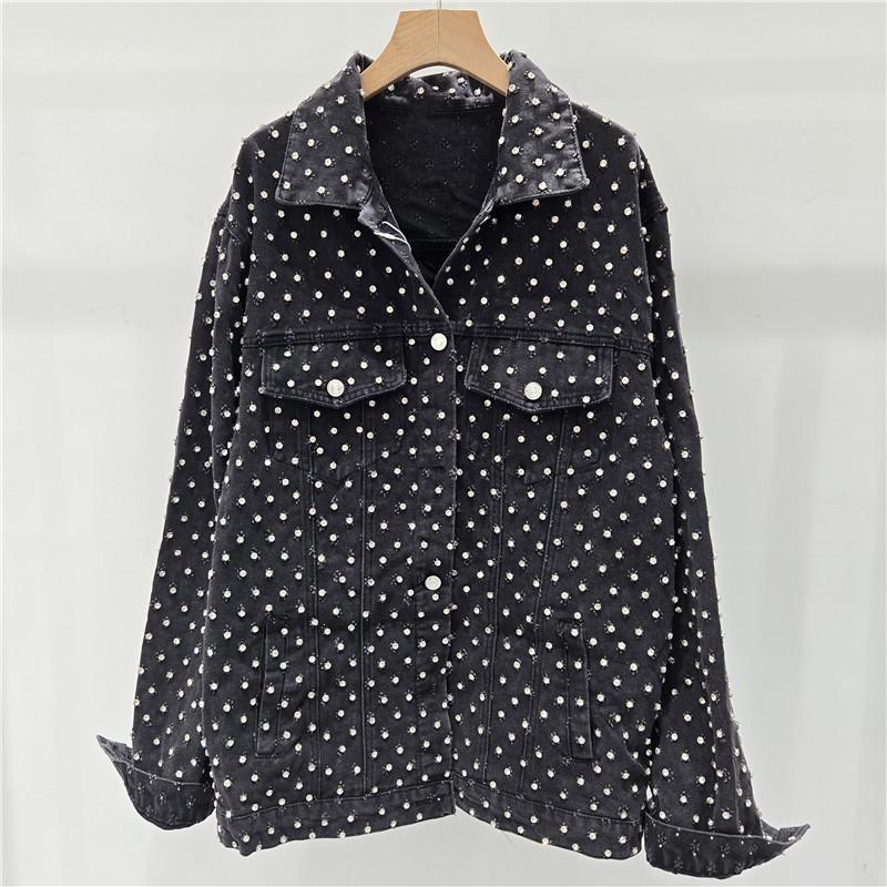 

Women s Diamond-Studded Denim Jacket - European Style, Loose Fit, Long Sleeve, Mid-Length, Trendy Spring 2026 Collection. One Size