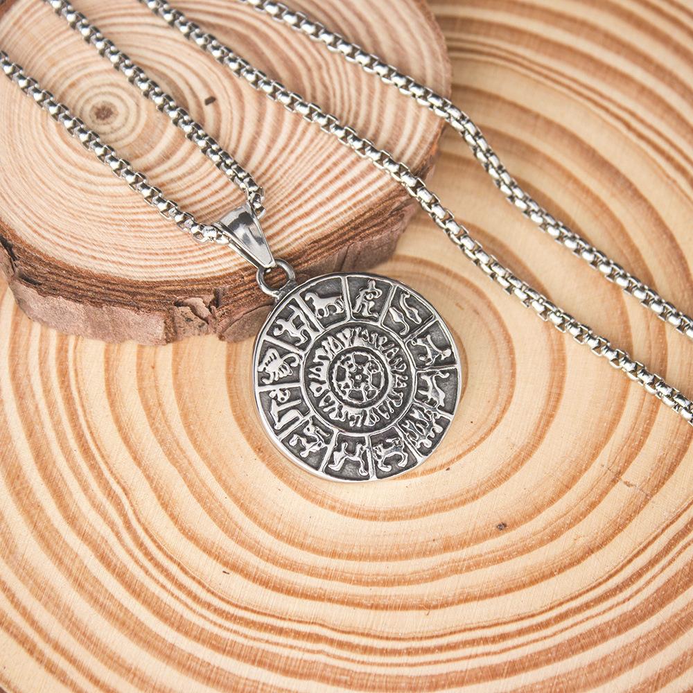 Titanium Steel Double Sided Twelve Constellation Round Brand Necklace Vintage Titanium Steel Hip Hop Pendant