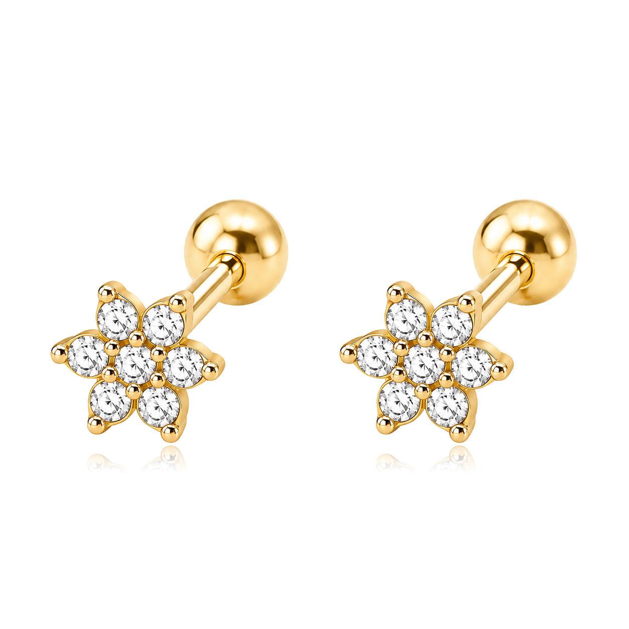 925 Silver Simple Flower Zircon Stud Earrings for Women Fine Jewelry Gift золотой