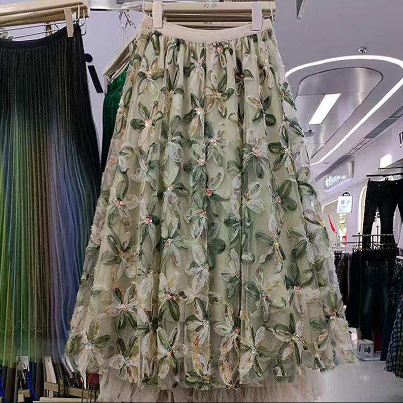 Women's French Romantic A-Line Mesh Skirt with 3D Flowers - Elastic Waist, Stunning Summer Design