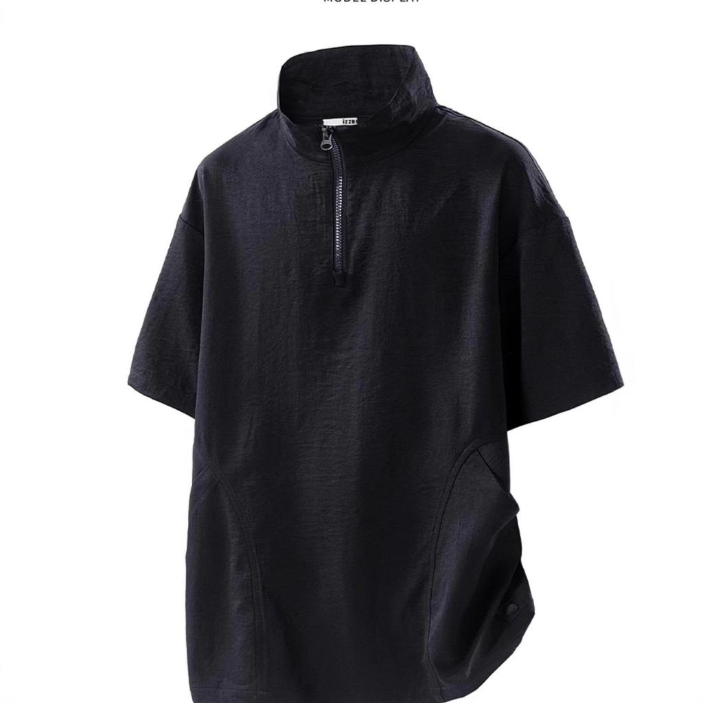 Summer Stand-up Collar Men's T-shirt American Loose Thin Short-sleeved Half-zipper Breathable Top