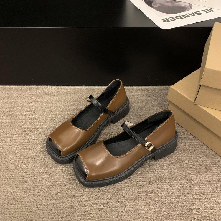 Mary Jane Shoes Female One Word Buckle with Thick Heel Shallow Mouth Single Shoes Female Retro Heightening Shoes