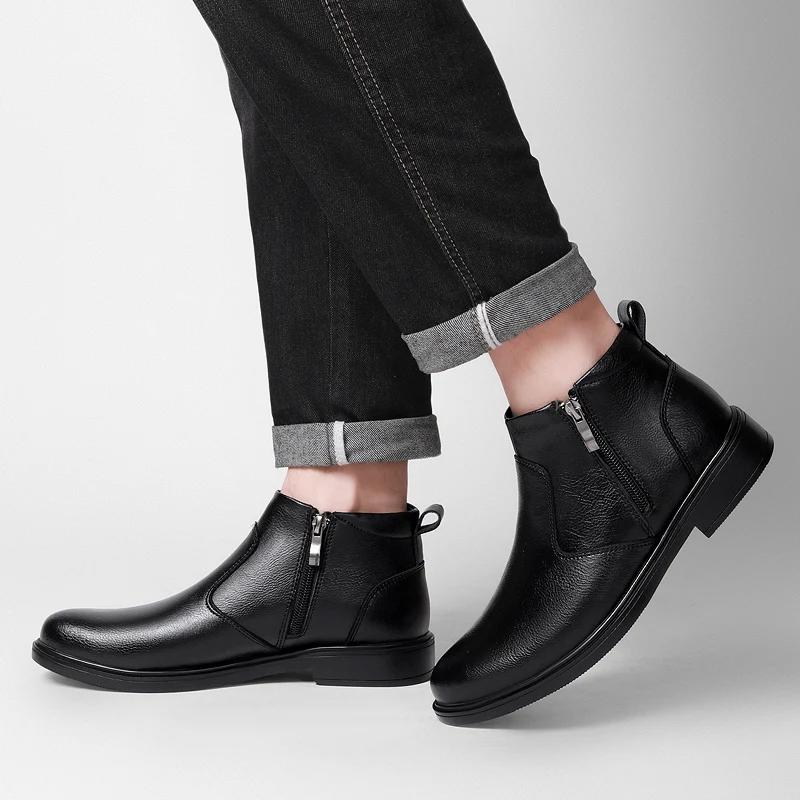 Stylish Walking Shoes Side Zip Ankle Boots Waterproof Slip-Resistant Casual Winter Shoes Men's Genuine Leather Chelsea Boots