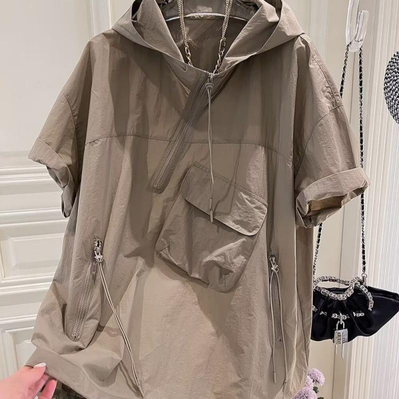 

Мужская летняя футболка в корейском стиле с капюшоном, застежкой-молнией и большим карманом - модная свободная посадка с коротким рукавом M хаки