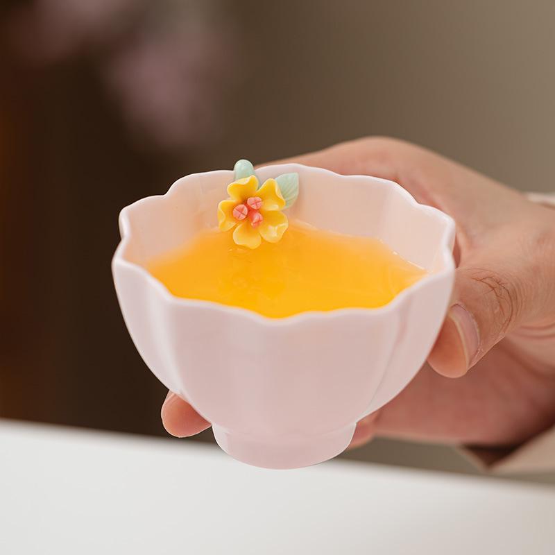 Handcrafted Pink Floral Ceramic Tea Cup Set for Girls - Ideal for Home, Office, and Gongfu Tea Tasting.