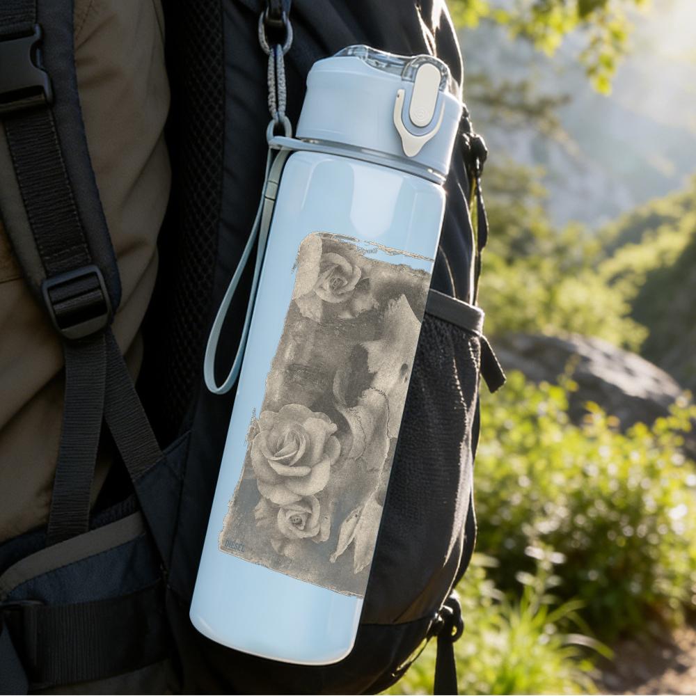 1PC Faded building monochrome sketch print 750ml colorful plastic sports water bottle leakproof pop up lid with straw for outdoor work home use