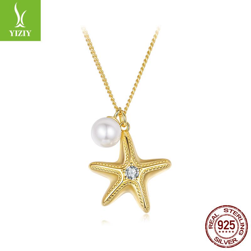 Starfish Pearl Pendant Necklace S925 Sterling Silver-Plated K Gold Summer Casual Wind Necklace Collarbone Chain