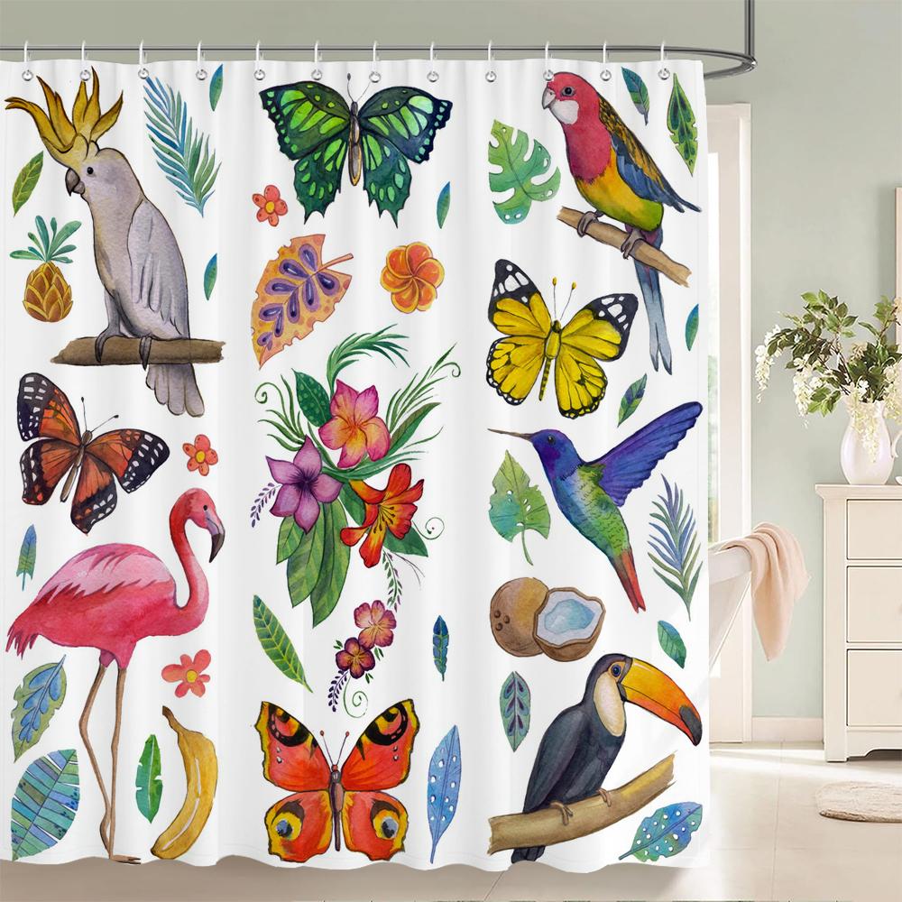 Bunter Vogel Schmetterling Flamingo Stoff Duschvorhang Badezimmer Vorhänge Mit Haken Wasserdicht Druck Badvorhang Heimdekor