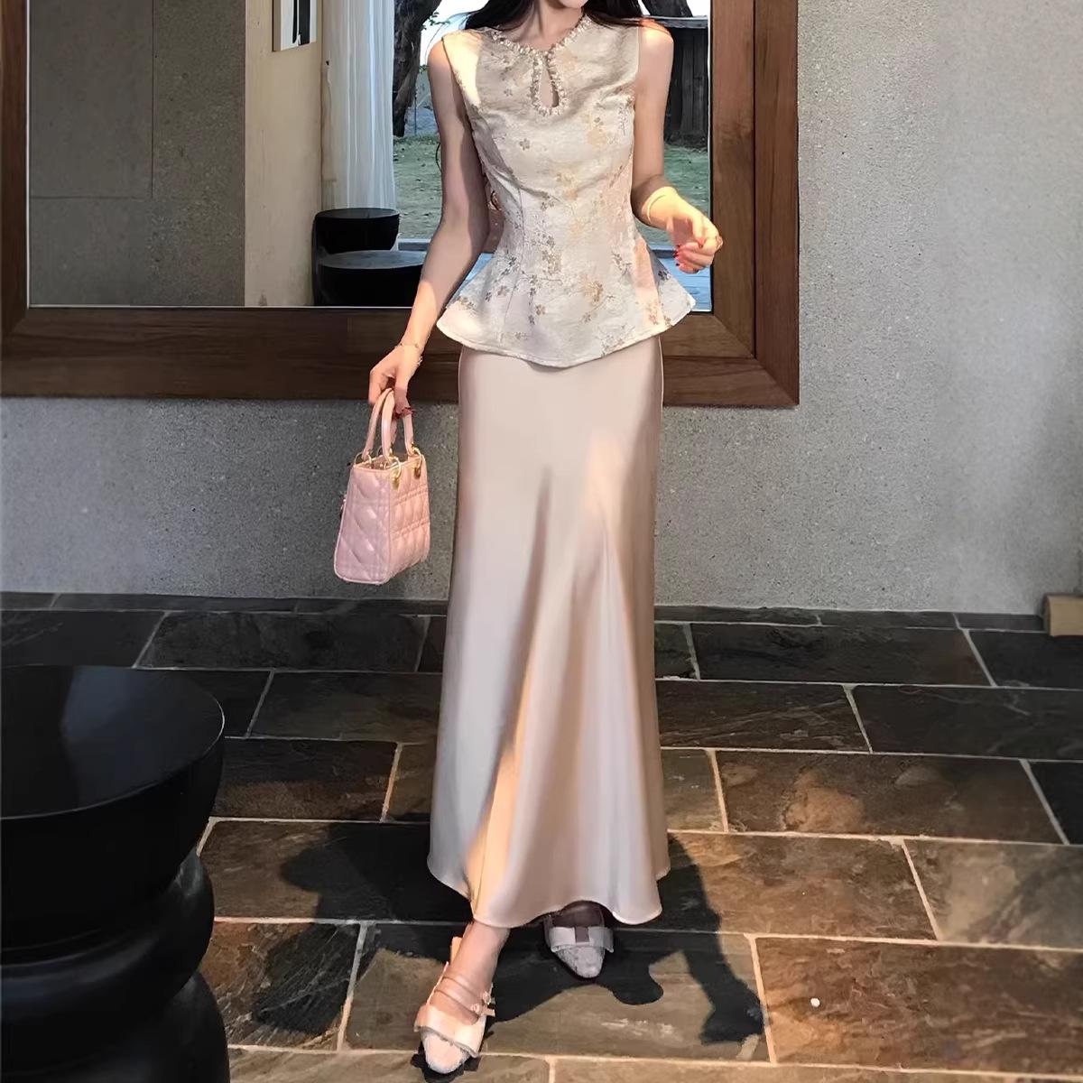 Muzi Li s Li Xin Satin Jacquard Waist-Cinched Vest & Midi Skirt Set S