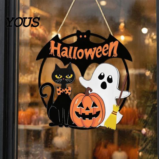 Childlike Scary Party Decor Halloween Wood Hanging Ornament with Ghost Pumpkin Bat Cat Prints, Durable Seasonal Home Wall Ornaments Waterproof