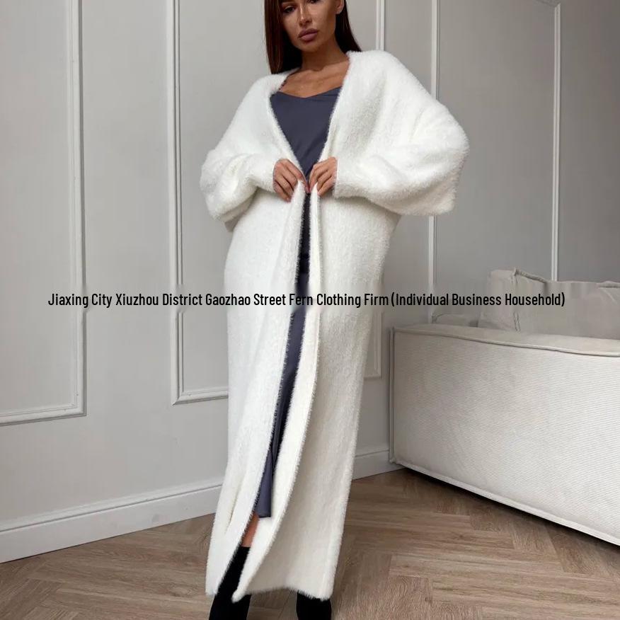Women's Plush White Imitation Mink Long Cardigan – Cozy Autumn/Winter Knitwear, Plus Size Available