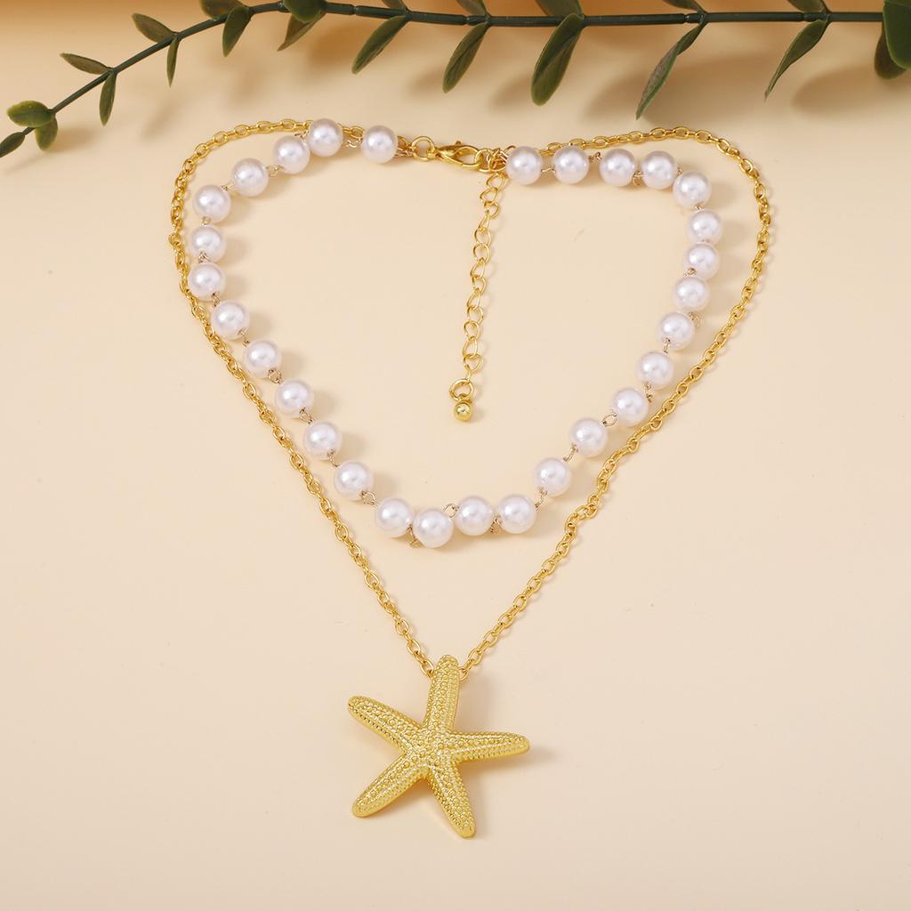 Light Luxury High-end Imitation Pearl Double-layer Stacking Wearing Starfish Necklace Fashionable Versatile Vacation Style Niche Does Not Collide