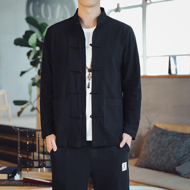 Spring and Autumn Chinese Style Cotton and Linen Retro Buttoned Chinese Long-sleeved Bottoming Shirt Men's Performance Tai Chi Clothing Shirt Jacket