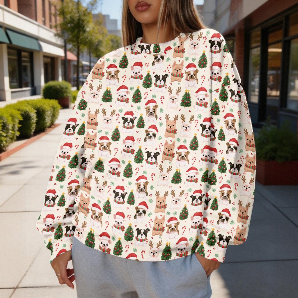 Women's Christmas Print Crewneck Sweatshirt Lightweight Casual Long Sleeve Pullover Top