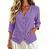 Women's Casual Linen Shirt with Three-Quarter Sleeves Button Down Loose Fit Top with Pockets
