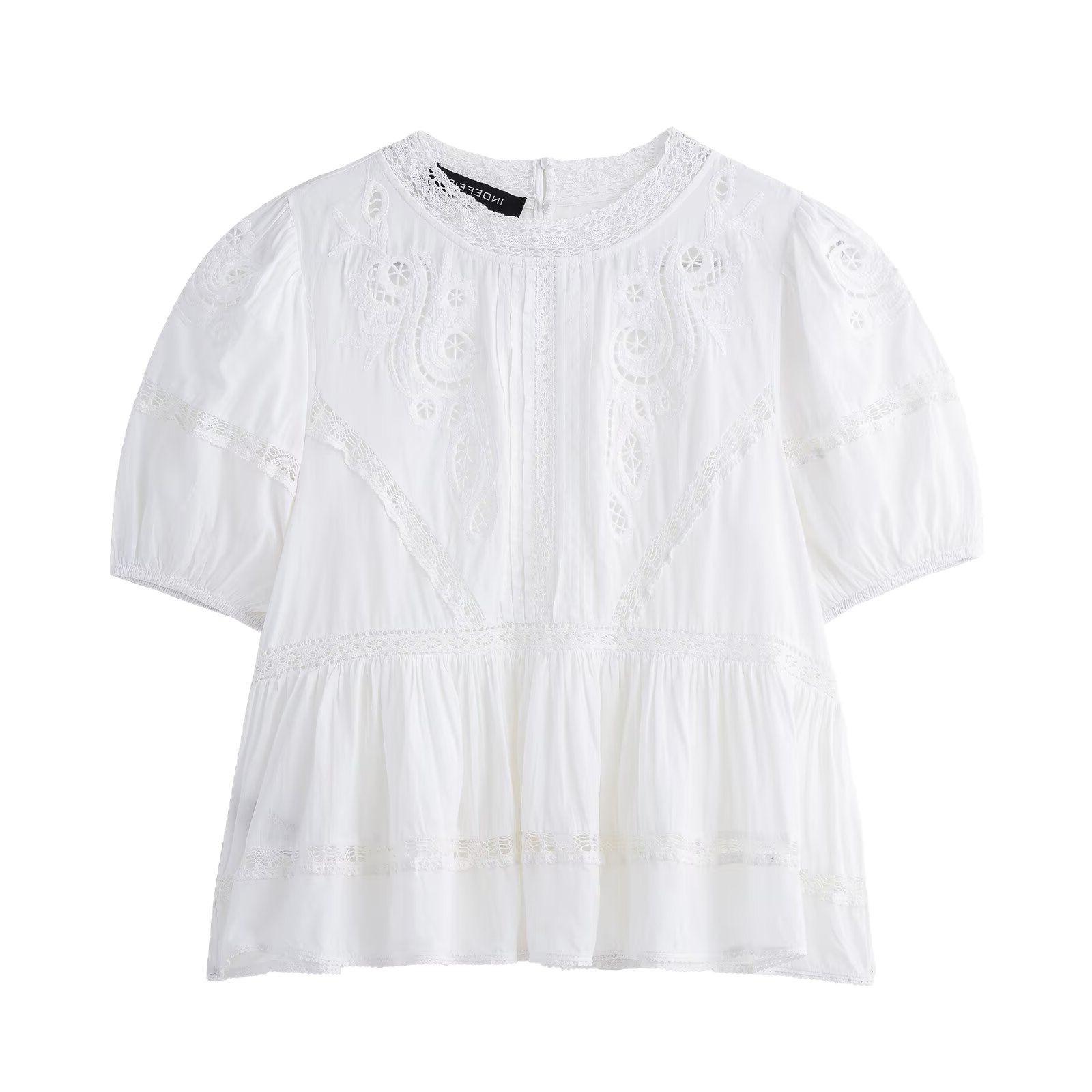 

TAOP&ZA Women s Elegant Embroidered Short Sleeve Shirt - Spring/Summer Extra Small