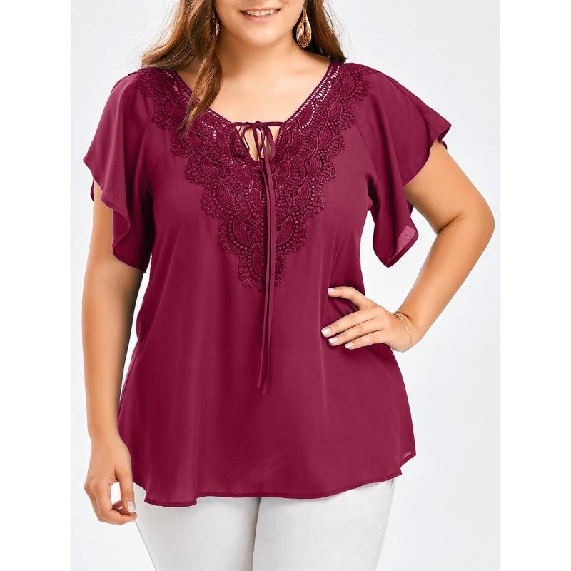 Lace V Neck Loose Women Blouse Large Size Lace-up Short Sleeve Shirts Ladies Solid Color Loose Sweet Office Elegant Fashion Simple Clothing