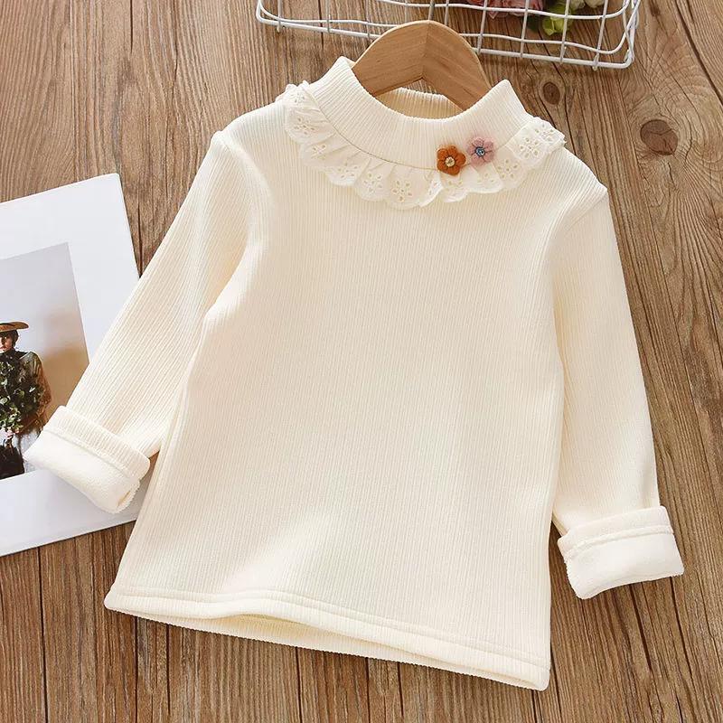 

Girls Autumn Winter Velvet Lace Turtleneck Knit T-Shirt Girls Winter Bottoming Shirt Children s Plus Velvet Half Turtleneck 90
