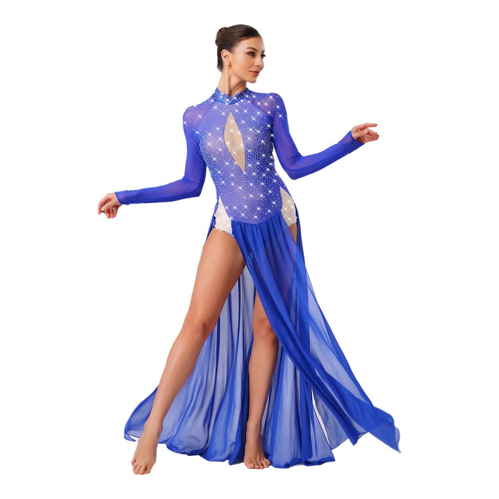 Vestido de Danza Lírica para Mujer con Pedrería Brillante, Manga Larga, Diseño sin Espalda, Chifón, Bajo con Abertura, Leotardo de Una Pieza