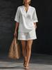 2026 Spring/Summer Women's Solid Color V-neck Linen Casual Top & Shorts Set