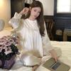 2025 Women's Ice Silk Fairy Pajamas - Round Neck, Lace Long Sleeve & Pants, Sweet Casual Homewear