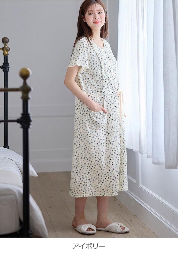 Maternity Nursing Front Jersey Floral Short Sleeved and Hospital Size Ivory [ANGELIEBE] Pajamas, Wear, Opening, Knit, Print, Nightgown, Pre-