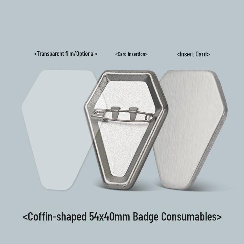 54x40mm Coffin-Shaped Frosted Tinplate Safety Pin Badge
