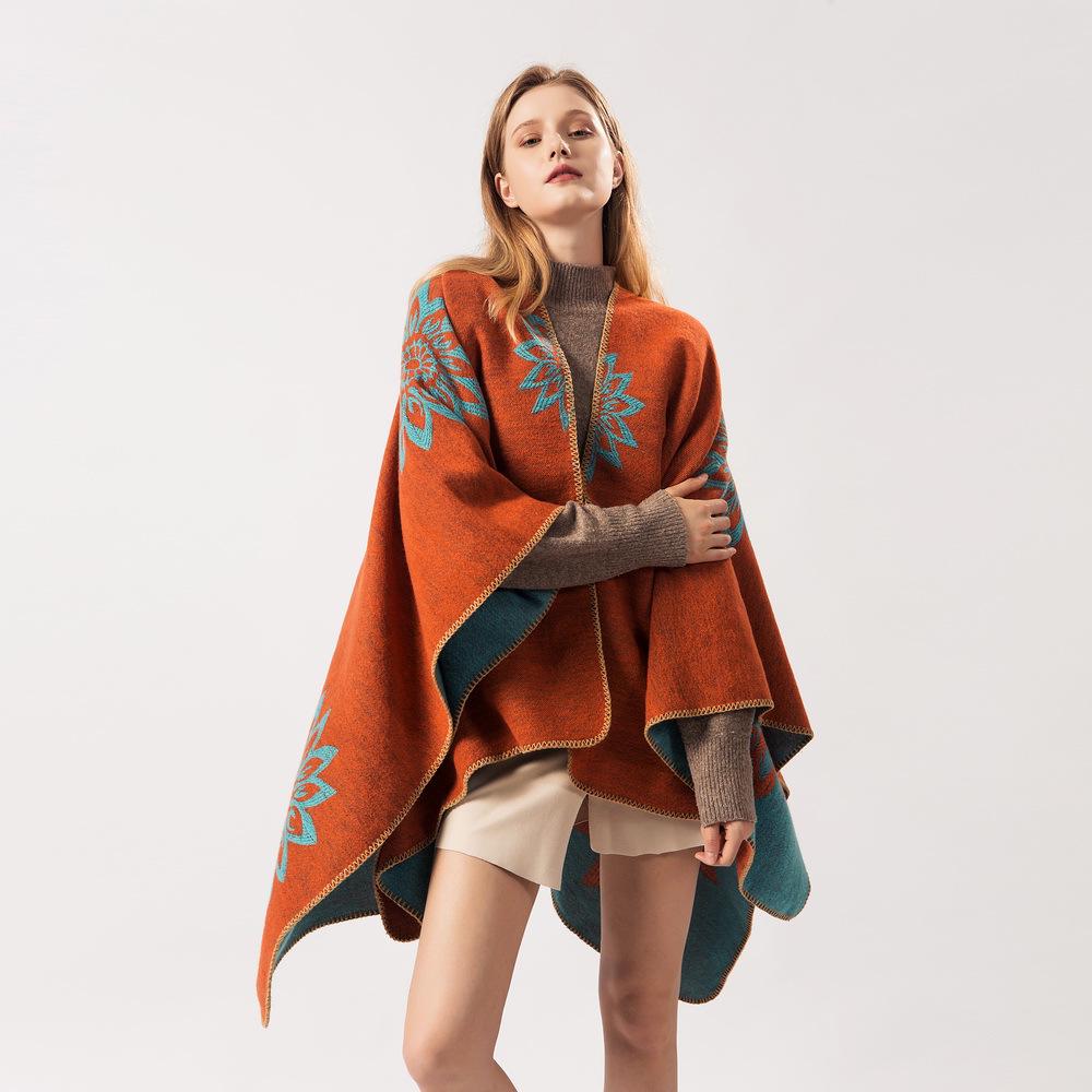 Women's Autumn Winter Extended Fashionable Scarf Shawl Dual-use Travel Warm Double-sided Imitation Cashmere Flower Cape