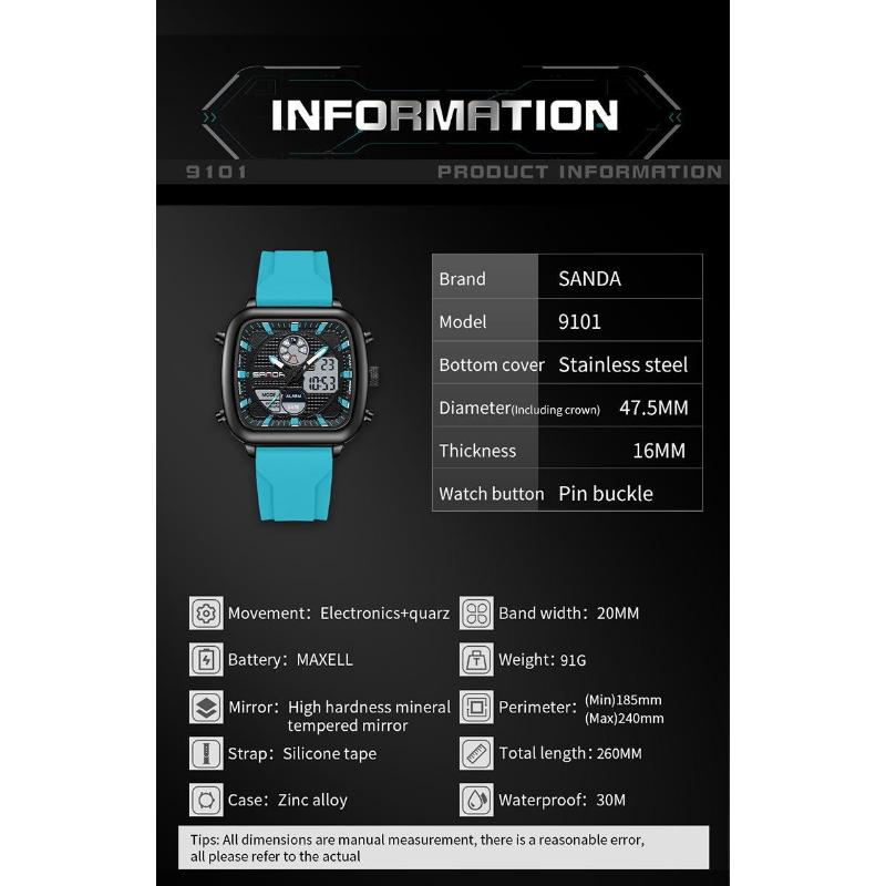 SANDA Retro Square Double Display Electronic Watch Night Light Waterproof Business Leisure Men's Watches Sports Silicone Strap Wristwatch