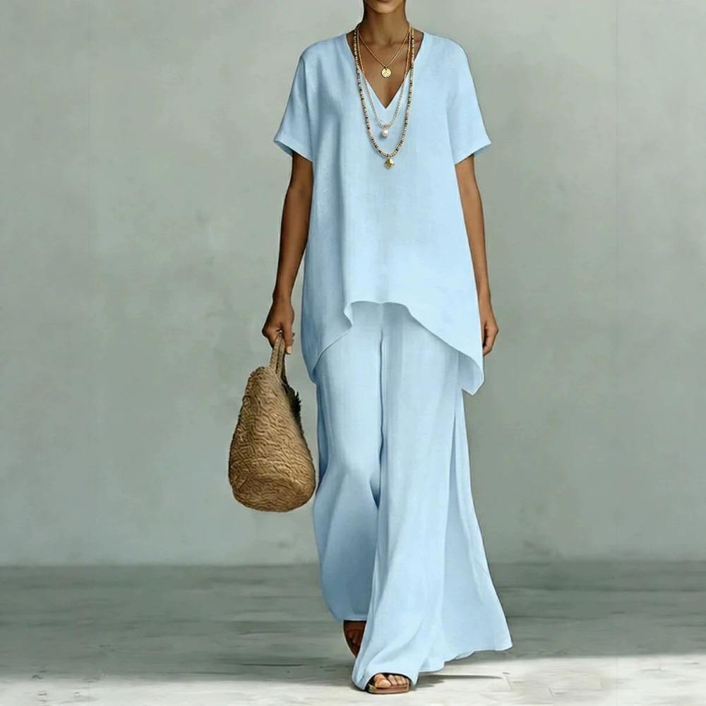 Women's Loose Fit Two-Piece Tracksuit Short Sleeve V Neck Top High Waist Wide Leg Pants