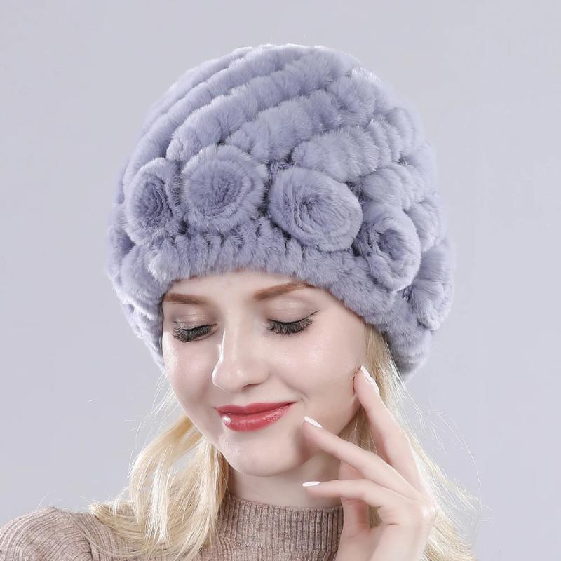 Hot Sell Women Winter Knitted Real Rex Rabbit Fur Hat Fluffy Natural Rex Rabbit Fur Cap Lady Good Elastic Genuine Fur Hats