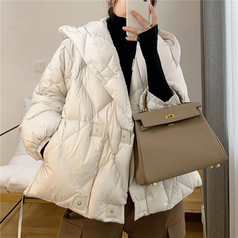 

Зимняя короткая куртка женская толстая теплая свободная с капюшоном ромбовидная пуховая куртка One Size белый