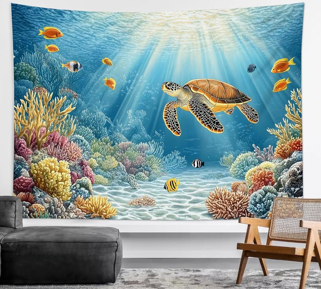Blue Ocean Sea Turtle Tapestry Coastal Under the Sea Tropical Fish Coral Wall Tapestry for Bedroom Underwater World Sea Life