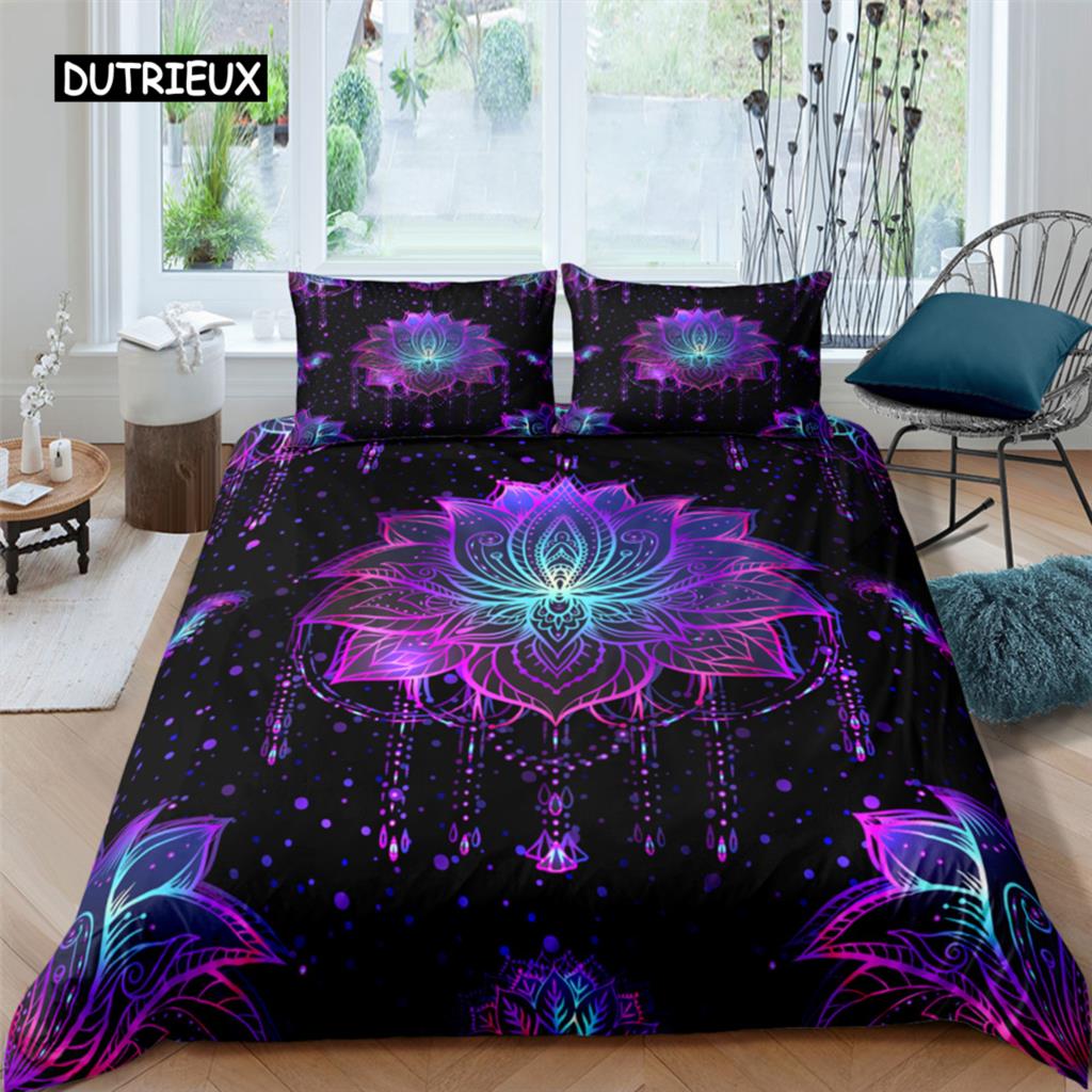 2/3dílná Sada na postel Bohemian Lotus Sada povlaku na přikrývku Mandala Květinový povlak na přikrývku Pro dospělé Černá Polyesterová sada ložního prádla Queen King Twin Pro teenagery