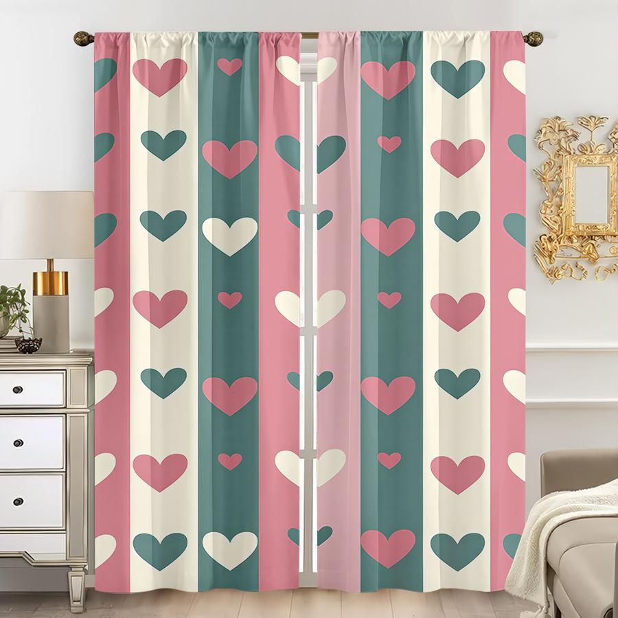 2PCS Pink Green White Striped Heart-shaped Curtains, Sweet Style, Living Room and Bedroom, Decorative with Drawbar Pockets