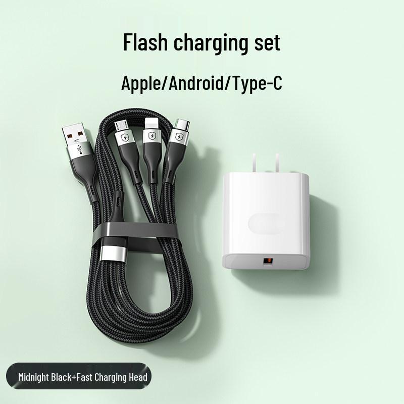 Andmai 100W Multi-Head Fast Charging Cable, Compatible with Apple, Three-in-One Design for Car Use.