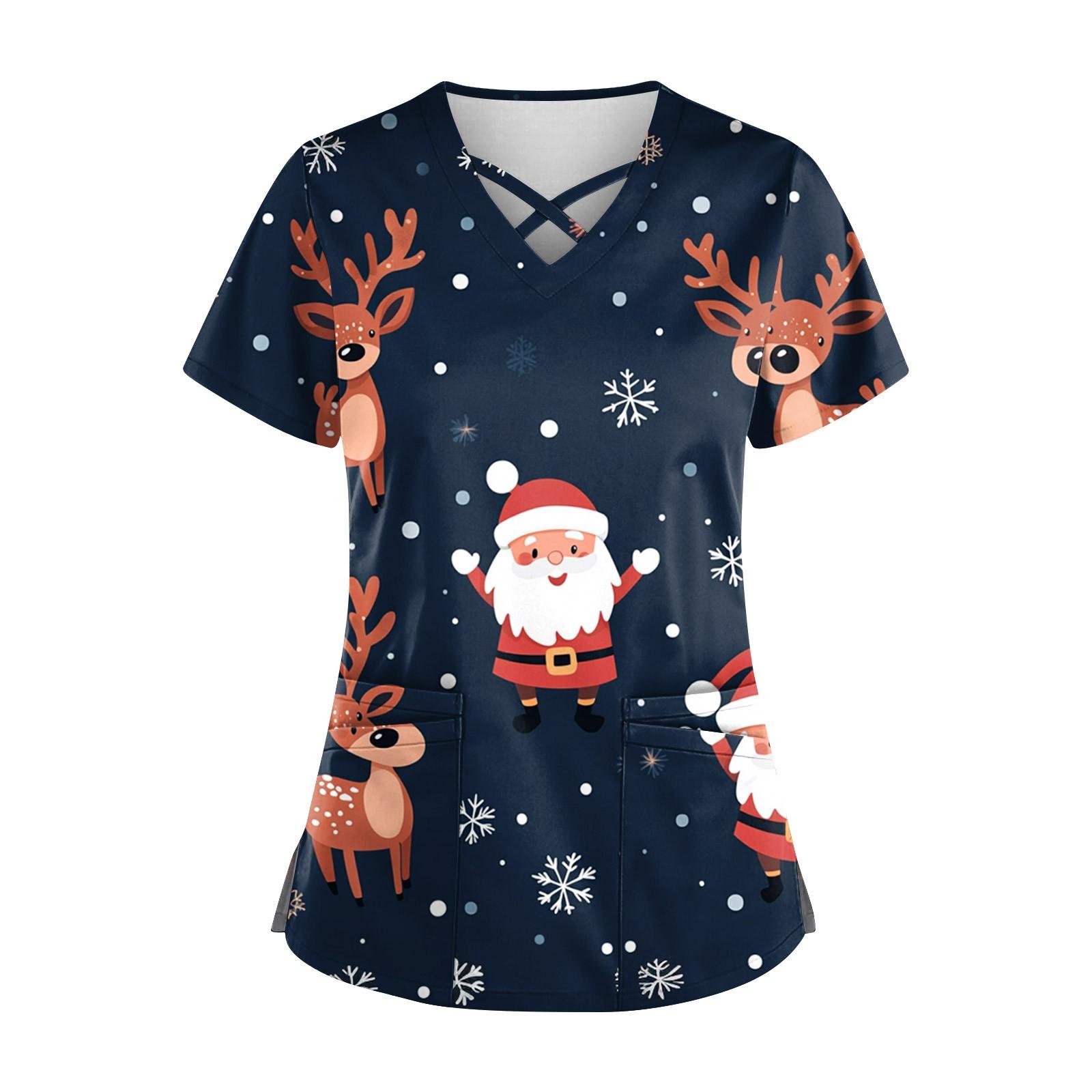 

Женский топ с короткими рукавами, V-образным вырезом, рождественским принтом и карманом Dry-nurse XXXL тёмно-синий