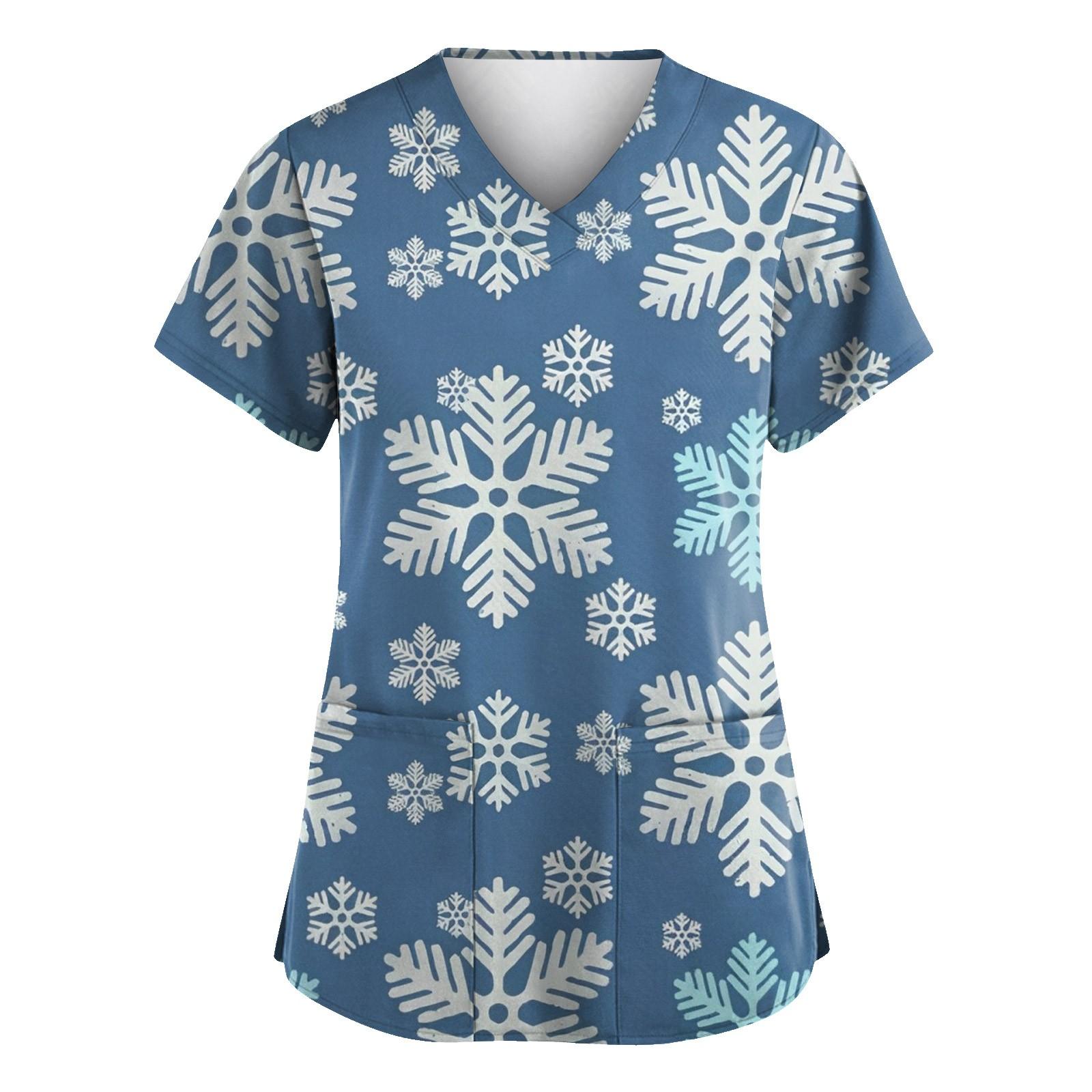 

Большие размеры Рождественский принт Рабочая униформа Топы для женщин V-образный вырез Короткие рукава Футболки рабочая одежда Футболка с карманами L